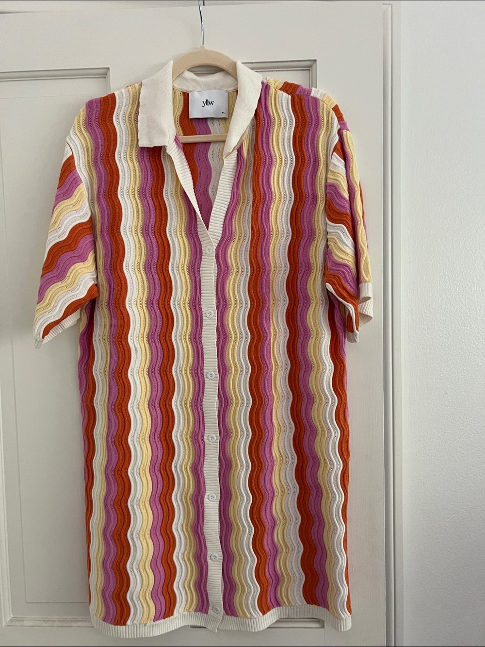 Unwind Wavy Stripe Button-Down Knit Shirt Dress - Pink/Orange/Cream